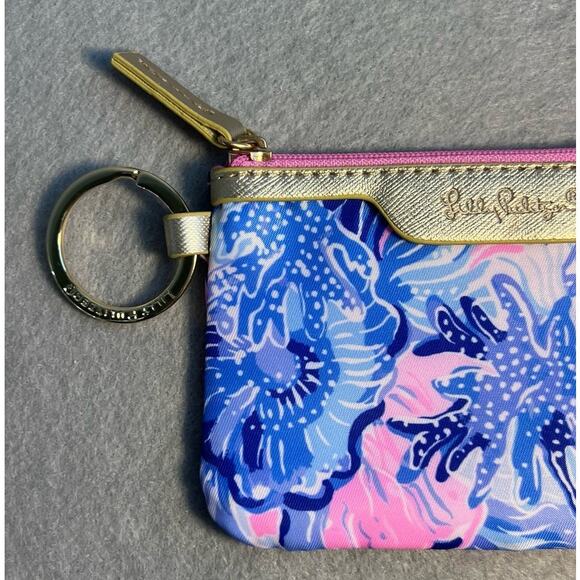 Lilly Pulitzer Zip ID Case Coin Pouch Card Holder Keychain Pink Blue Floral - Picture 3 of 8